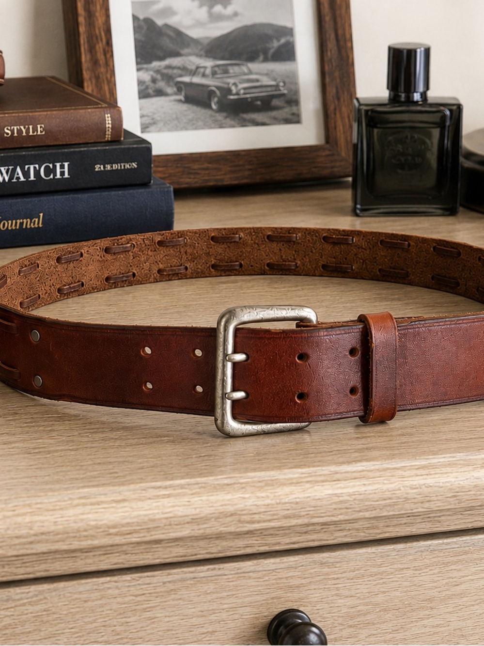 Unbranded Genuine Leather Belt S 40 Brown Woven Design Casual Western 1.75” Wide